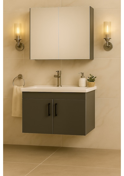 Luna 65 Cm Ahşap Camlı Üst Modül Ve Seramik Lavabolu, Mdf Banyo Dolabı Takımı Antrasit