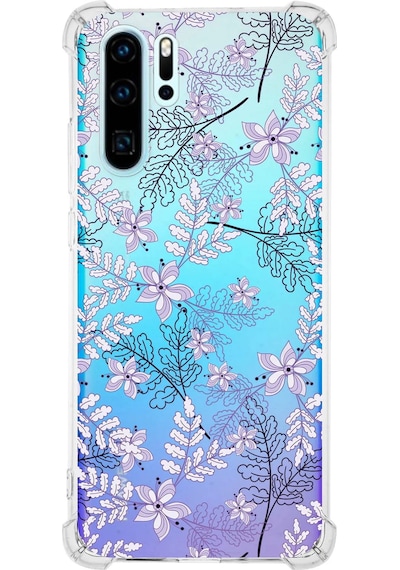 Huawei P30 Pro Köşe Korumalı Floral Lila Tasarımlı Şeffaf Silikon Kılıf