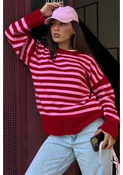 Madmext Kırmızı Çizgili Bisiklet Yaka Oversize Kadın Kazak Mg2894