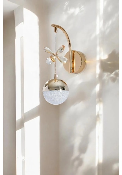 Lzy Avize Store Şık Sarkıt Led Aplik Gold Kristal Taşlı Sarı
