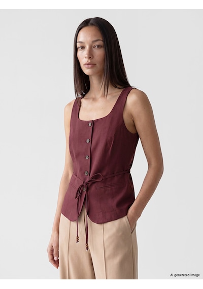 Lcw Everyday Bordo Beli Kuşaklı Keten Karışım Kadın Klasik Yelek