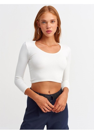 Dilvin Garaj Butik 3529 Havuz Yaka Uzun Kollu Crop Top-beyaz-241 Beyaz