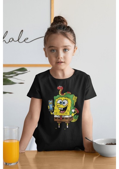 Sevbano Tasarım Süngerbob Baskılı Unisex Çizgi Film Çocuk Tişört 1-12 Ya SIYAH