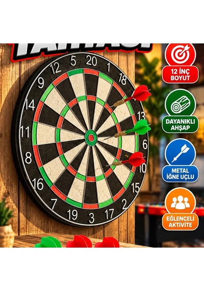 12 İnç Ahşap Dart Tahtası 4 Adet Metal İğne Uçlu Dart Oku