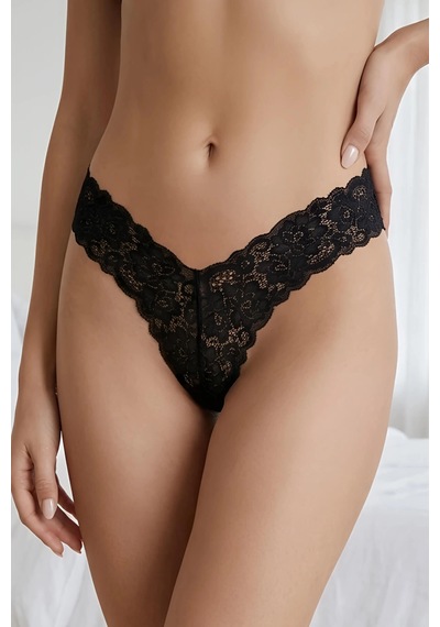 Angbutik Siyah Çiçek Desenli Dantel String Külot Tm1514