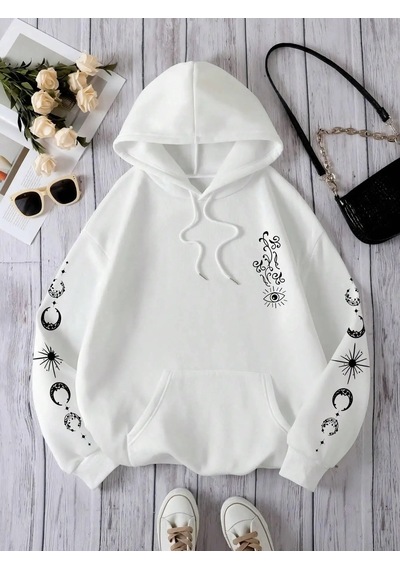 Startmore Tarzsokak Yıldız Güneş Ay Göz Kişilik Desen Kadın Kazak Vintage Büyük Boy Kapşonlu Sokak Rahat Hoodie S Beyaz