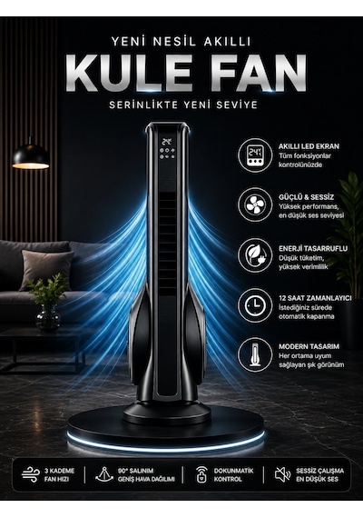 Turbo Kule Tipi Fan 33 İnç 70w Uzaktan Kumandalı Sessiz Dokunmatik Vantilatör Aromaterapi
