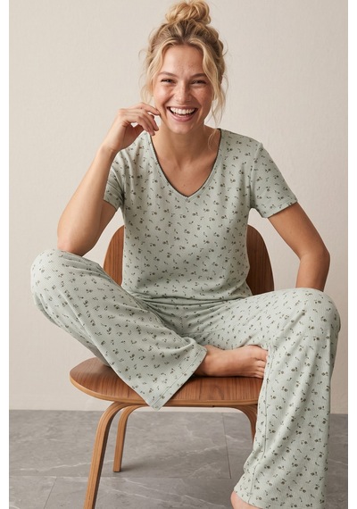 Siyah İnci Pointelli Örme Pijama Takımı 26120680 Yeşil