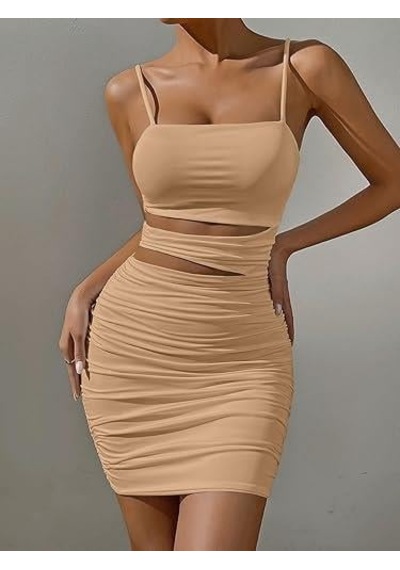 Pink Life Bej Tasarım Bel Dekolteli Askılı Mini Elbise Bej