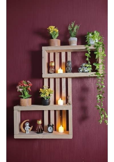 Ahşap Zikzak Duvar Rafı - 75x50 Cm Dekoratif Masif Kitaplık Ve Saksılık - 3 Bölmeli Duvar Dekoru Bej