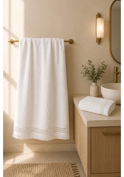 Paisley Desenli Saçaklı 2 Li Baş Ve Banyo Havlusu Seti 50x90 + 90x150 Cm - Beyaz