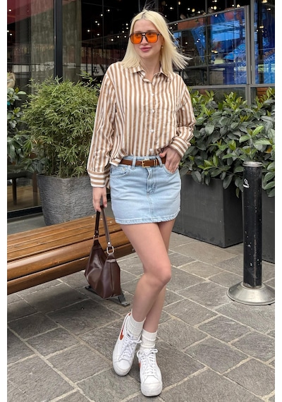 Madmext Bej Cep Detaylı Çizgili Kadın Gömlek Mg2295 Bej