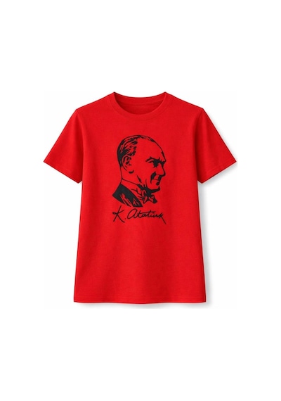 Kız Çocuk Atatürk Baskılı Tişört Kısa Kollu Bisiklet Yaka T-shirt - Kırmızı Çok Renkli