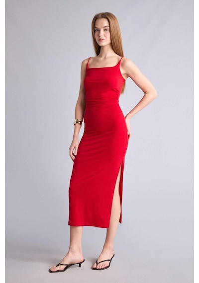 Defacto Bodycon Vücudu Saran Kare Yaka Askılı Maxi Elbise H6454ax26smrd357 Kırmızı-rd357