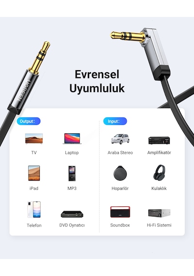 Ugreen 90 Derece Dik Açılı 3.5mm Flat Aux Ses Kablosu 1 Metre, 10597