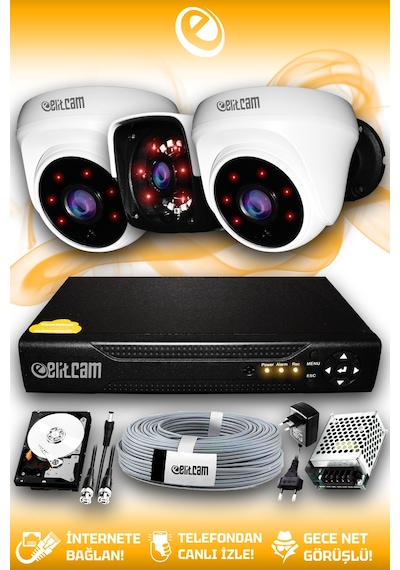 Elitcam 3 Kameralı Panda 2 İç Kamera Set 250 GB HDD Full HD Gece Görüşlü Güvenlik Kamerası Sistemi
