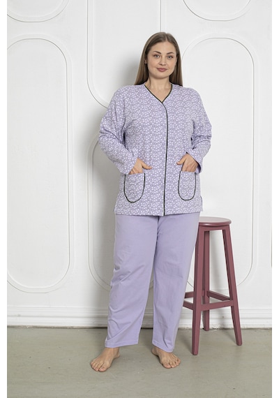 SEBOTEKS %100 Pamuklu Uzun Kollu Boydan Düğmeli Büyük Beden Kadın Pijama Takımı 206 Lila