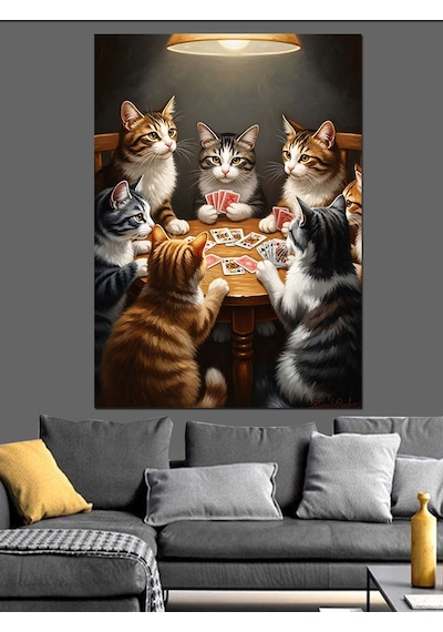 Ahşap Tablo Masada Poker Oynayan Kediler