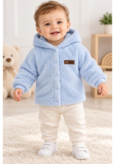 Beniizle Kapüşonlu Unisex Welsoft Yumuşak Dokulu Çıtçıtlı Kışlık Bebek Hırkası Mavi
