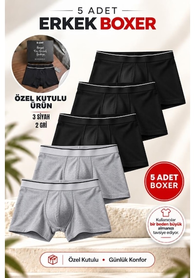 Trendybee Erkek Slim Fit Boxer 5 Adet Paket Likralı Rahat Kesim Özel Kutulu Gri - Siyah