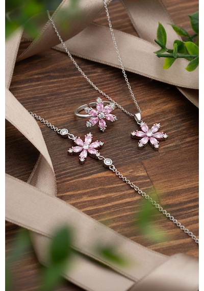 925 Ayar Pembe Taşlı Rodyum Lotus Çiçeği 3'lü Gümüş Set Gümüş