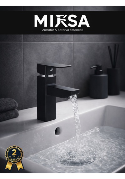 Siyah Kare Sabit Banyo Lavabo Musluğu Bataryası