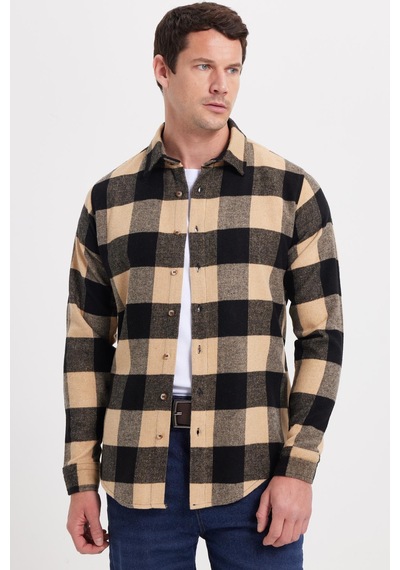 Tudors Erkek Slim Fit Dar Kesim Kareli Kışlık Oduncu Gömlek-42337 Siyah