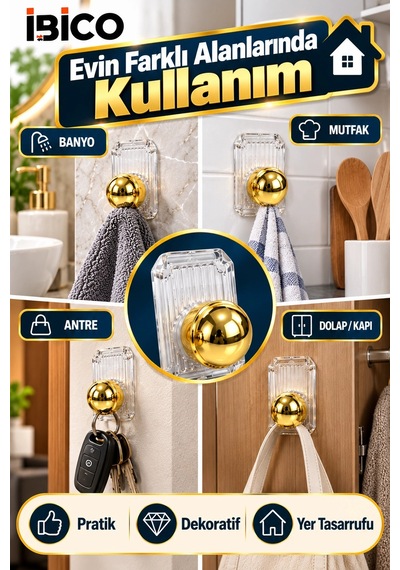 İbico 3'lü Yapışkanlı Altın Askı Seti Vidasız Montaj Güçlü Yapışkanlı Duvar Banyo Mutfak Kapı Askısı Çok Renkli