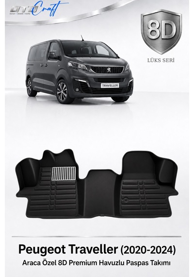 Otocraft Peugeot Traveller 2020-2024 Araca Özel 8d Havuzlu Oto Paspas Takımı Siyah Ön Kabin