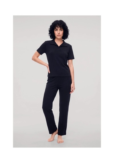 İkikareshop Özel Tasarım Kadın Lacivert Polo Yaka Pijama Takımı %100 Pamuk Çok Renkli
