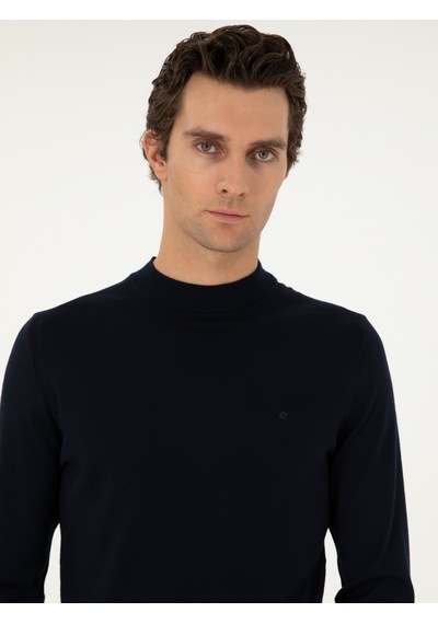 Cacharel Lacivert Slim Fit Yün Karışımlı Çeyrek Balıkçı Yaka Basic Triko Kazak