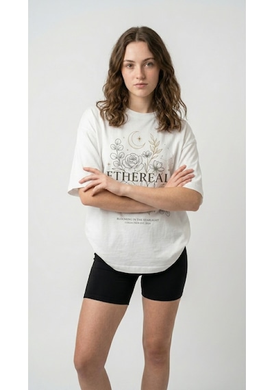 Kadın Oversize Tişört Ethereal Baskılı Beyaz Açık