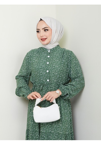 Düğme Detaylı Çiçekli Viskon Elbise - Haki / E0123 Haki