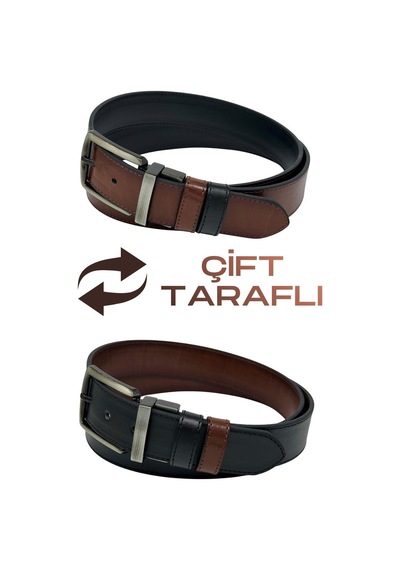 Süzer Deri Kahverengi / Siyah Çift Taraflı Suni Deri 4 Cm. Genişlik Dönerli Tokalı Spor Erkek Kemer - 7110-13 Kahverengi
