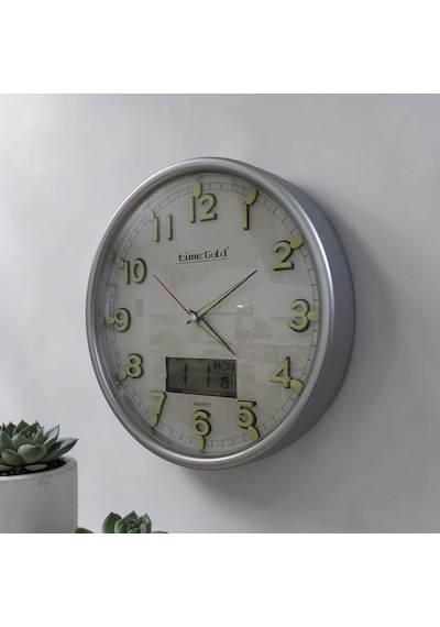 Fosforlu Termometreli Isı Ölçer Dijitalli Kabartma Rakam Duvar Saati Çap 28 Cm Gümüş
