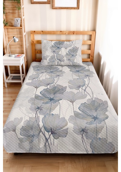 Mavi Çiçekli Modern Pike Takımı - Beyaz Gri Floral Tek Kişilik Kapitone Yatak Örtüsü 160x220 Cm Mercansı Güneş Derinliği