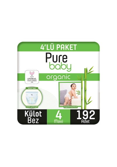 Pure Baby Organik Bambu Özlü Külot Bez 4'lü Paket 4 Numara Maxi 192 Adet 4'lü