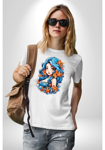 Deniz Kızı Deniz Yıldızı Mavi Saçlı Unisex Unisex Beyaz Organik Baskılı T-shirt Penye Yüksek Kalite Beyaz