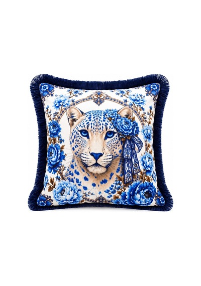 Mavi Leopar Desenli 4 Lü Saçaklı Kırlent Kılıfı 45 x 45