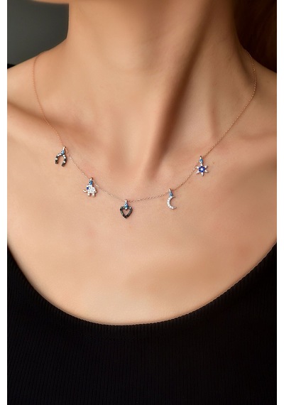 Papatya Silver 925 Ayar Gümüş Rose Kaplama Göz Mineli Zirkon Taşlı Şans Kolye