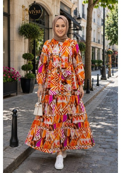 Hb Harma Time Butik Kadın Düğmeli Çiçek Desenli Turuncu Modal Elbise