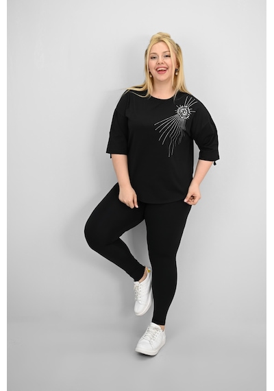 Koza Butik Kadın Büyük Beden Kısa Kollu Taş Ve İnci Baskı Detaylı Oversize T-shirt 1925-25 Saks