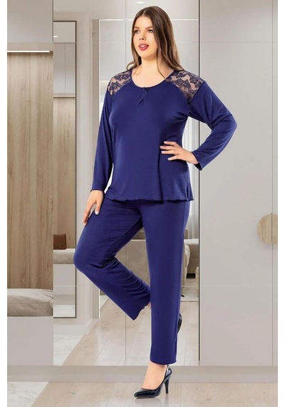Faal 8805 Kadın Büyük Beden Uzun Kollu Dantel Detaylı Pijama Takım-lacivert Lacivert