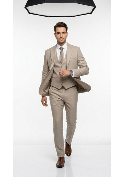 Erkek Slim Fit Takım Elbise Yelekli Modern Kesim Likralı Esnek Kumaş Kırışmaz Şık Düğün Davet Takımı Bej