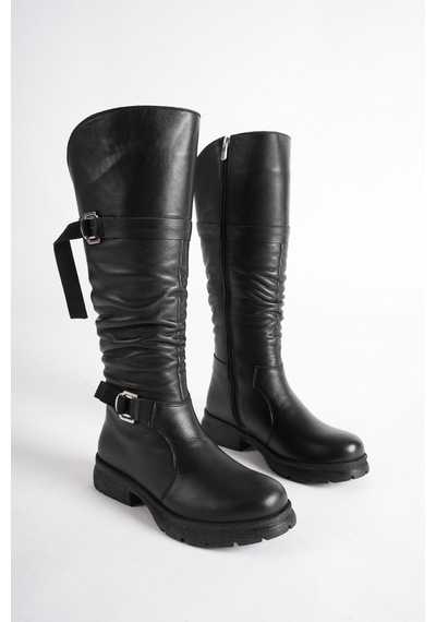 Analin Shoes Kadın Hakiki Deri Büzgü Detaylı Tokalı Fermuarlı Uzun Çizme Siyah