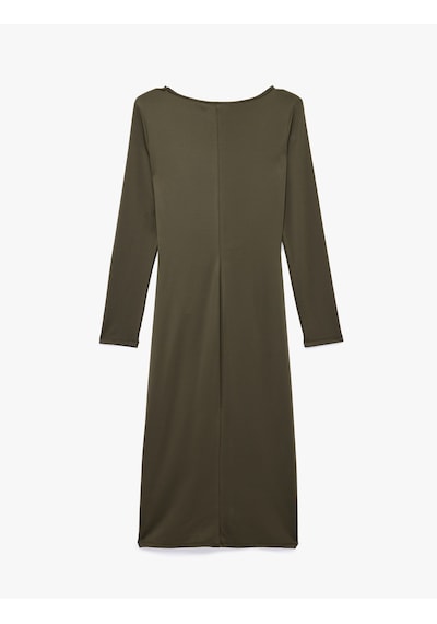 Koton Uzun Kollu Yuvarlak Yaka Midi Boy Drape Detaylı Elbise Haki 6sak80134ek