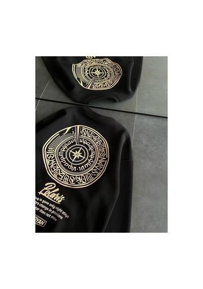 Kadın 3 İplik Pamuklu Bisiklet Yaka Baskılı Sweatshirt - Siyah