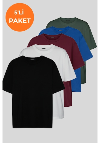 Soft&Basic Kadın 5'li Tişört Paketi %100 Organik Pamuk Oversize Fit Basic Yuvarlak Yaka T-shirt Siyah-beyaz-bordo-indigo-haki