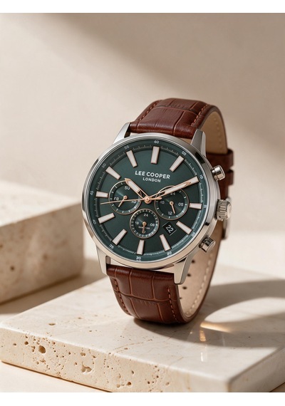 Lee Cooper Kahverengi Deri Kayış Yeşil Kadran 40 Mm Yuvarlak Erkek Kol Saati, Bileklik Hediyeli Gümüş