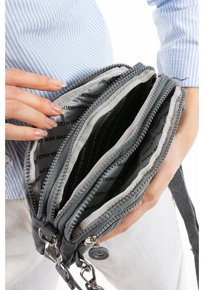Nemo Bags Gri Unisex Cüzdan, 4 Gözlü, Telefonluk, Crinkle Kumaş, Çapraz Askılı Omuz Çantası, 20x12cm Gri